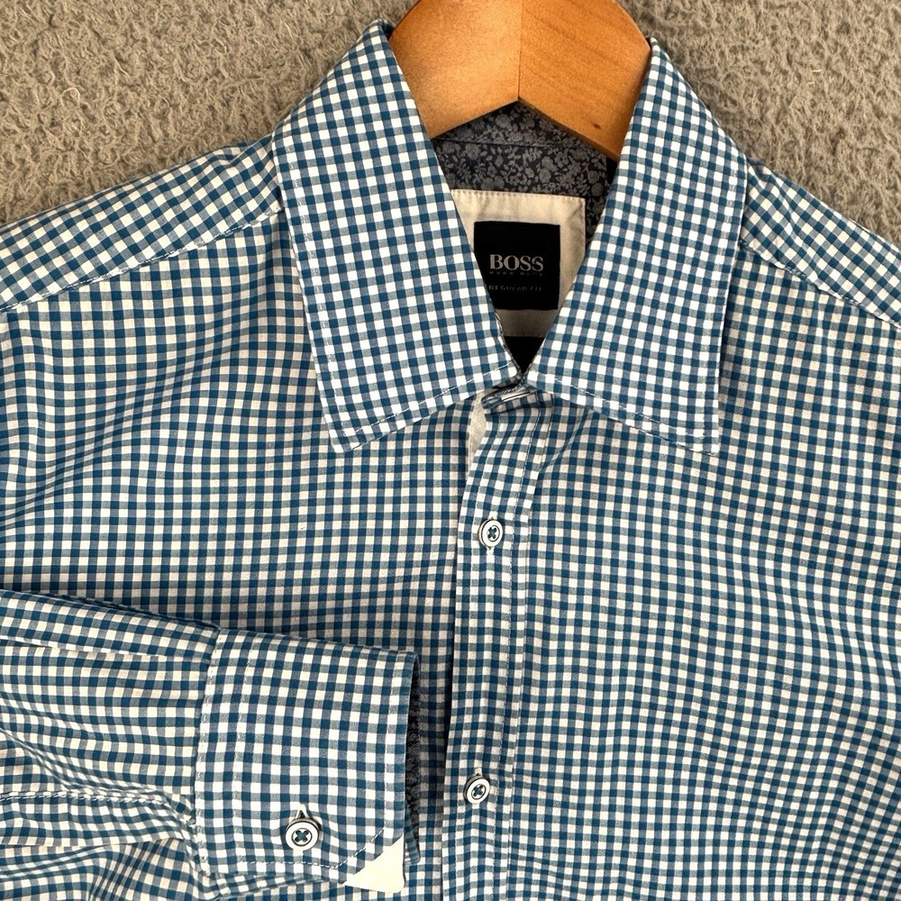 BOSS Hugo Boss Shirt Mens Small Blue Gingham Plaid Check Performance